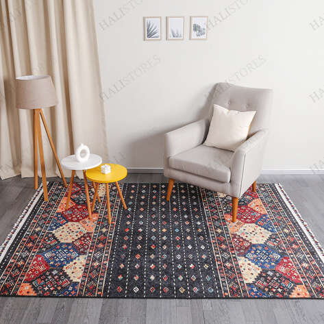 Etnik Desenli Siyah Kilim Halı Milas 5037 - 1