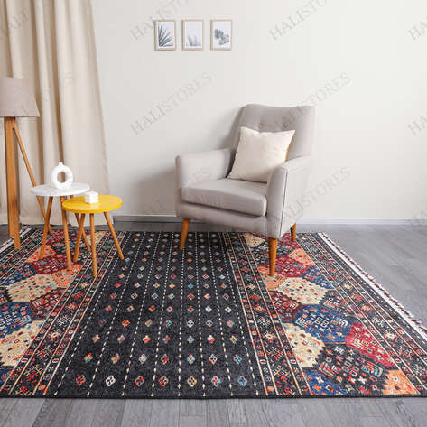 Etnik Desenli Siyah Kilim Halı Milas 5037 - 3