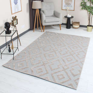 Grace 65021-261 Modern Kabartmalı Geometrik Desenli Dekoratif Gri Vizon  Makine Halısı (1)