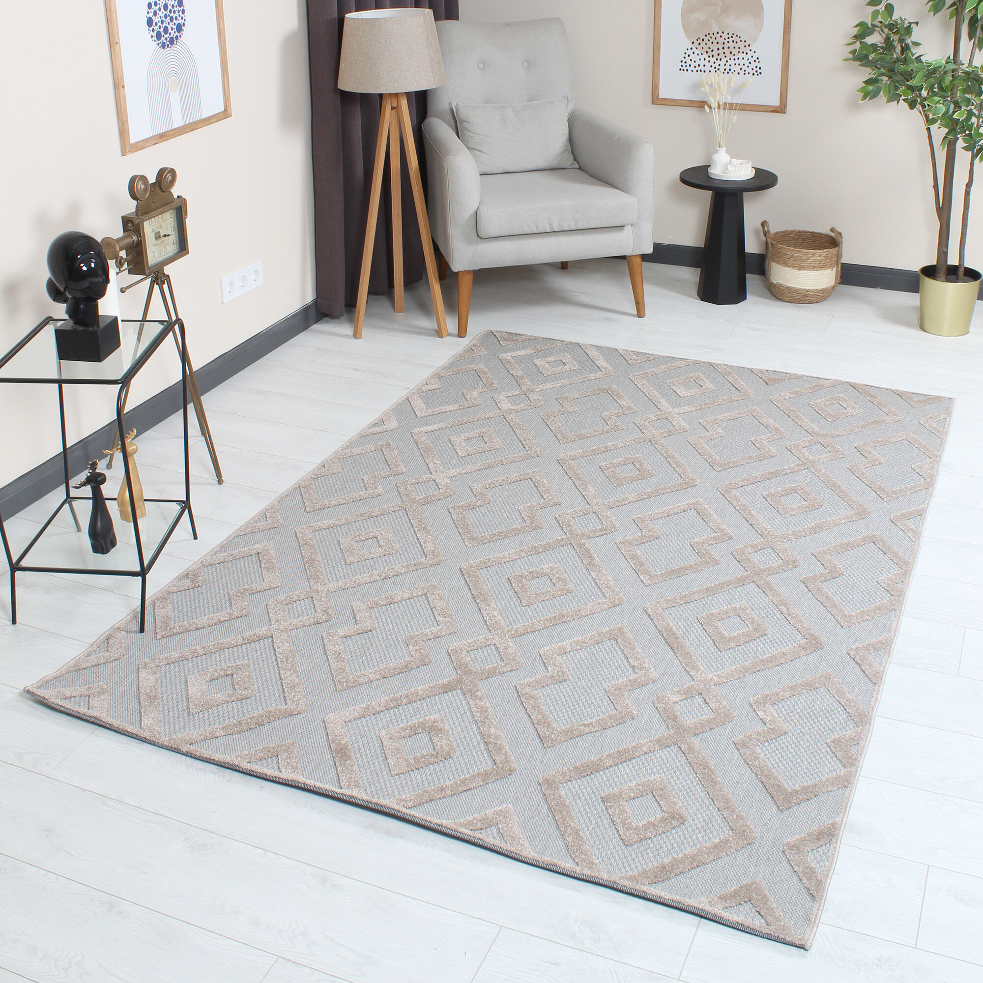 Grace 65021-261 Modern Kabartmalı Geometrik Desenli Dekoratif Gri Vizon  Makine Halısı