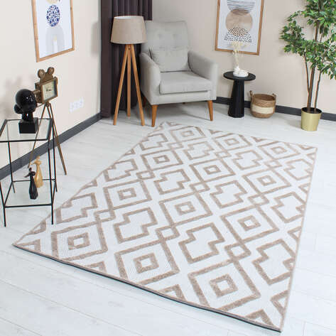 Grace 65021-270 Modern Kabartmalı Geometrik Desenli Dekoratif Kahve Krem Makine Halısı - 1
