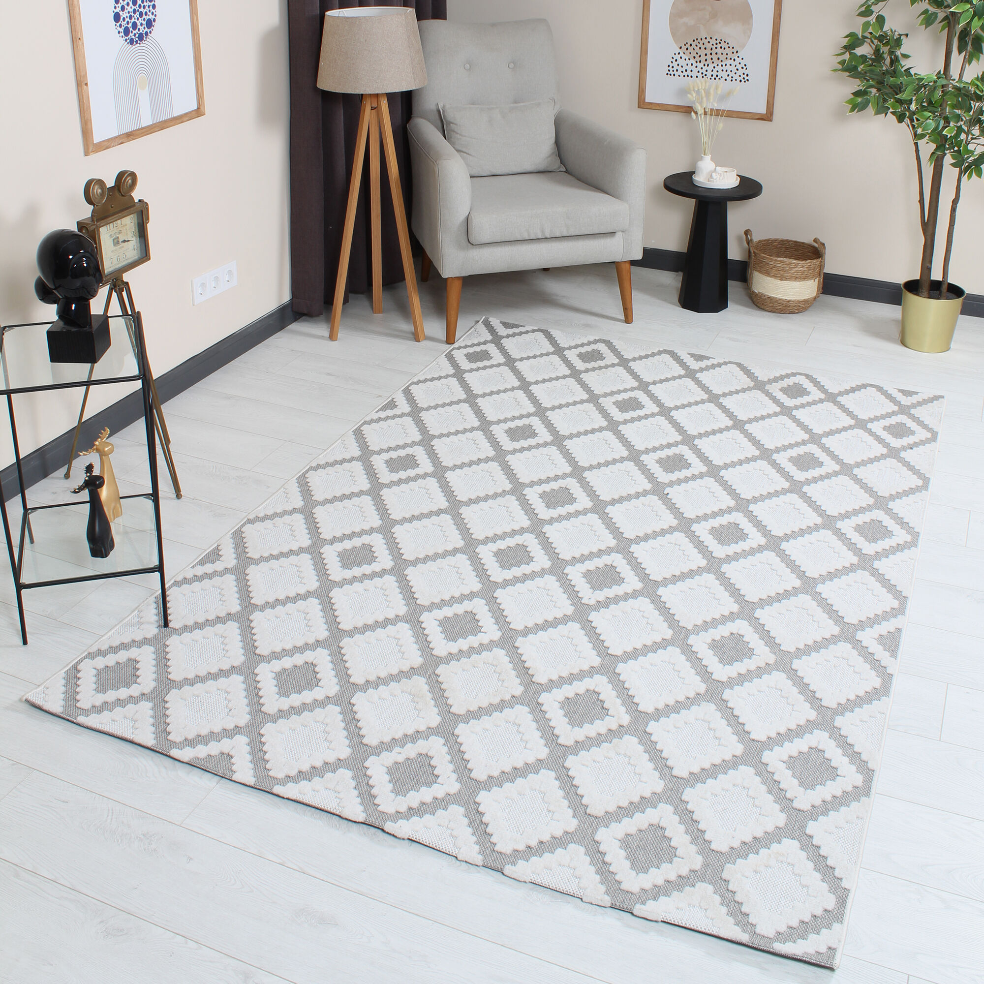 Grace 65022-260 Modern Kabartmalı Geometrik Desenli Dekoratif Antrasit Krem Antrasit Makine Halısı
