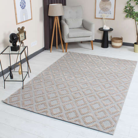 Grace 65022-261 Modern Kabartmalı Geometrik Desenli Dekoratif Gri Bej Makine Halısı - 1