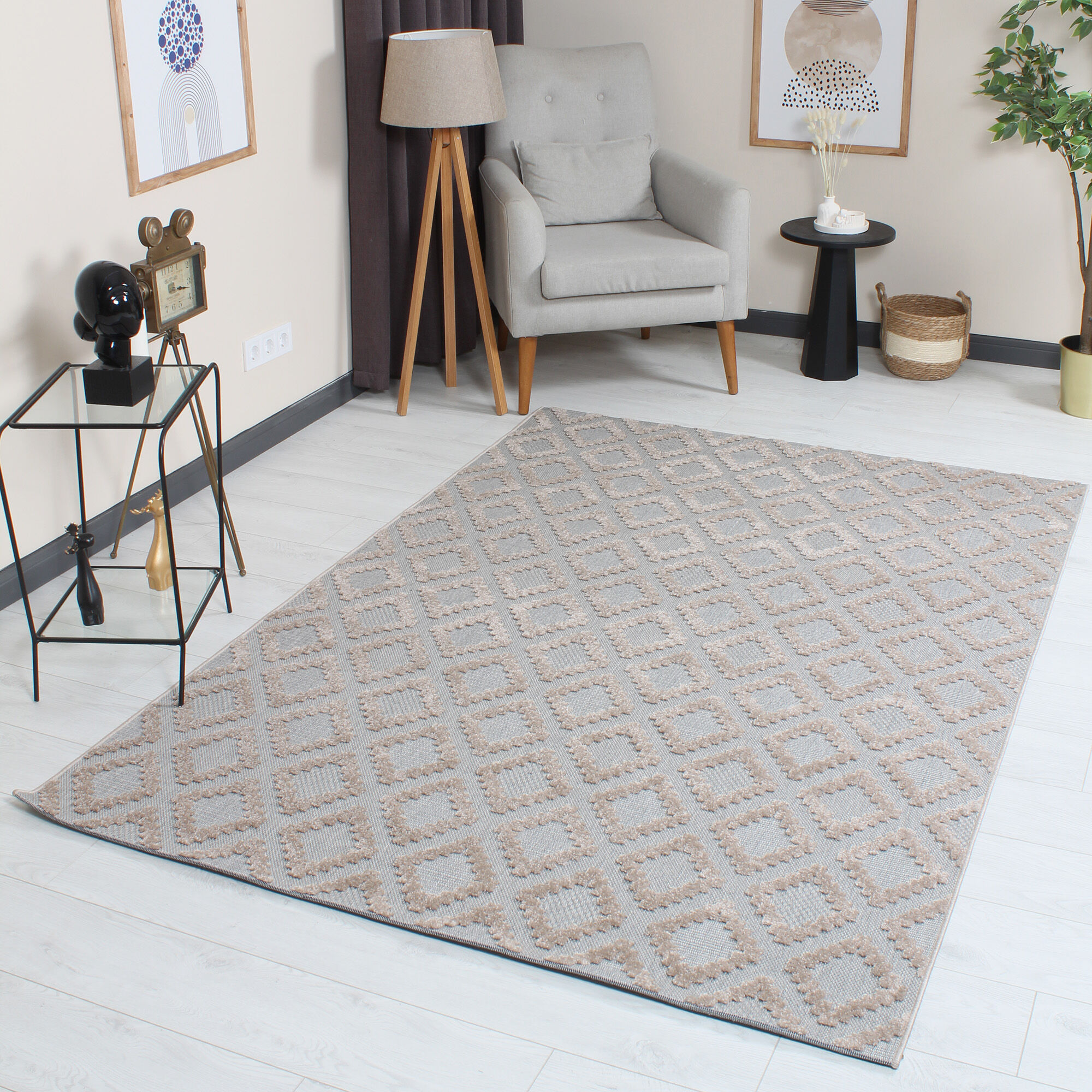 Grace 65022-261 Modern Kabartmalı Geometrik Desenli Dekoratif Gri Bej Makine Halısı