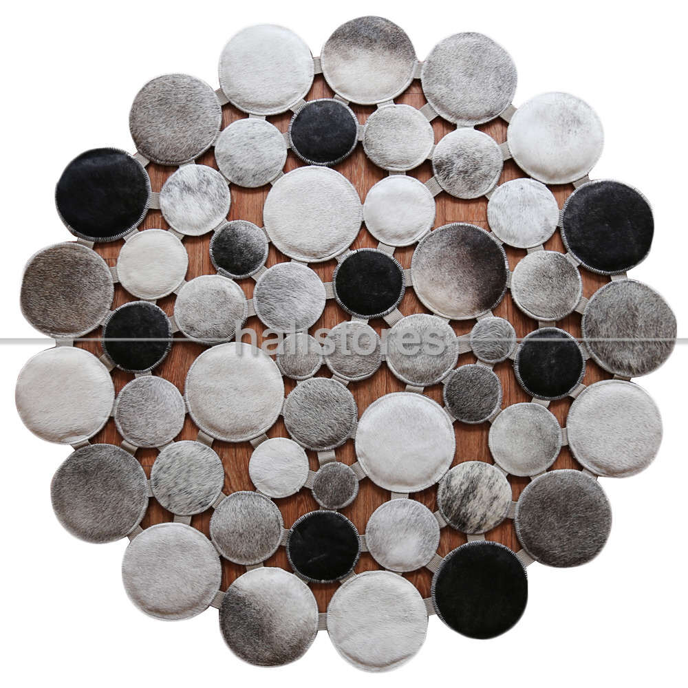 Gri Yuvarlak Deri Patchwork Halı