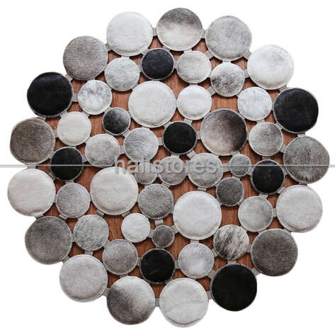 Gri Yuvarlak Deri Patchwork Halı - 1