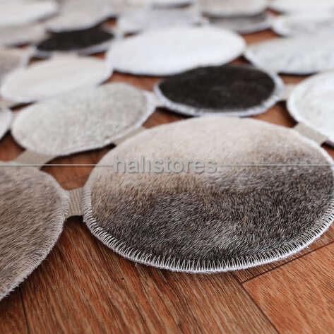 Gri Yuvarlak Deri Patchwork Halı - 4
