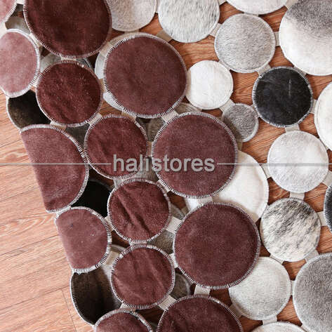 Gri Yuvarlak Deri Patchwork Halı - 5