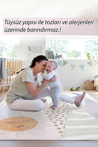 Güneş Yıldız Ay Dokuma Taban Dekoratif Renkli Çocuk Odası Halısı - 7