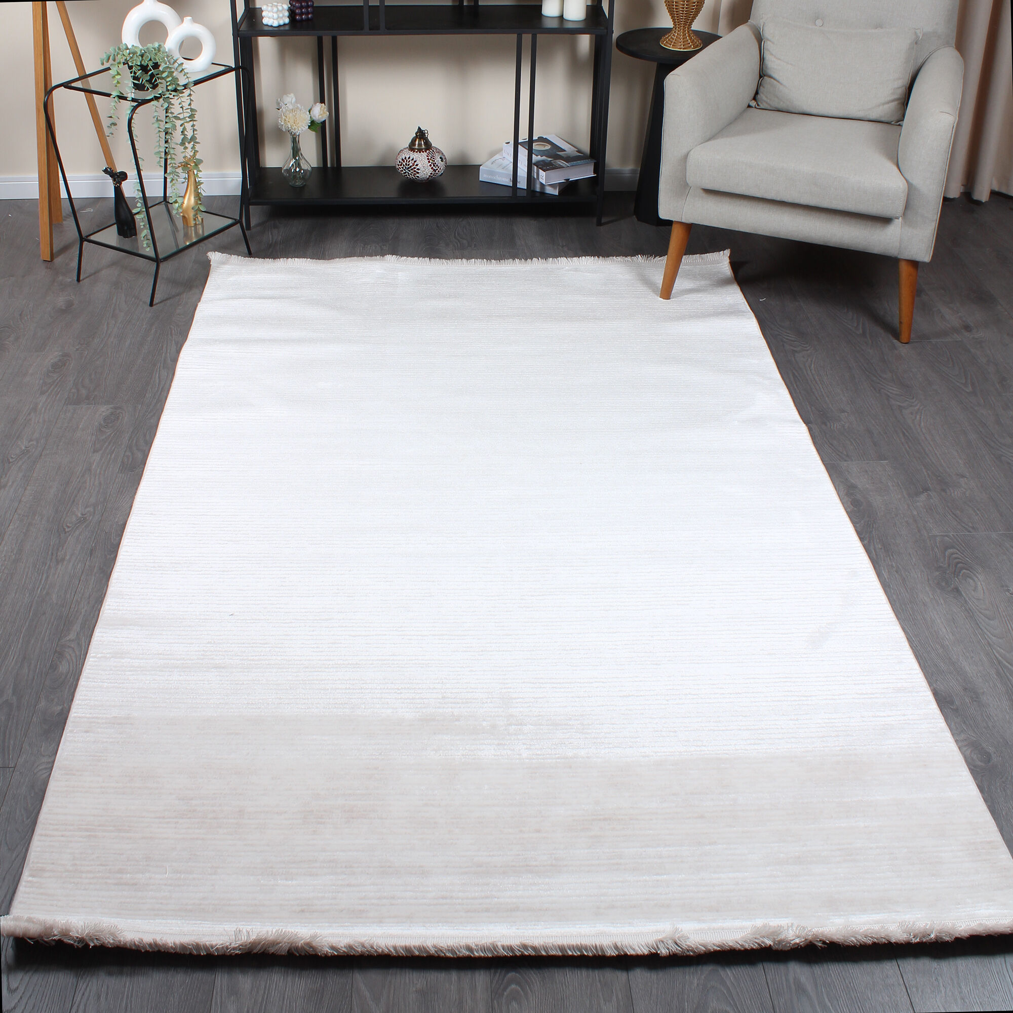 Halıstores Modda 2511 Krem Yün Tuşeli Akrilik Modern Saçaklı Makine Halısı