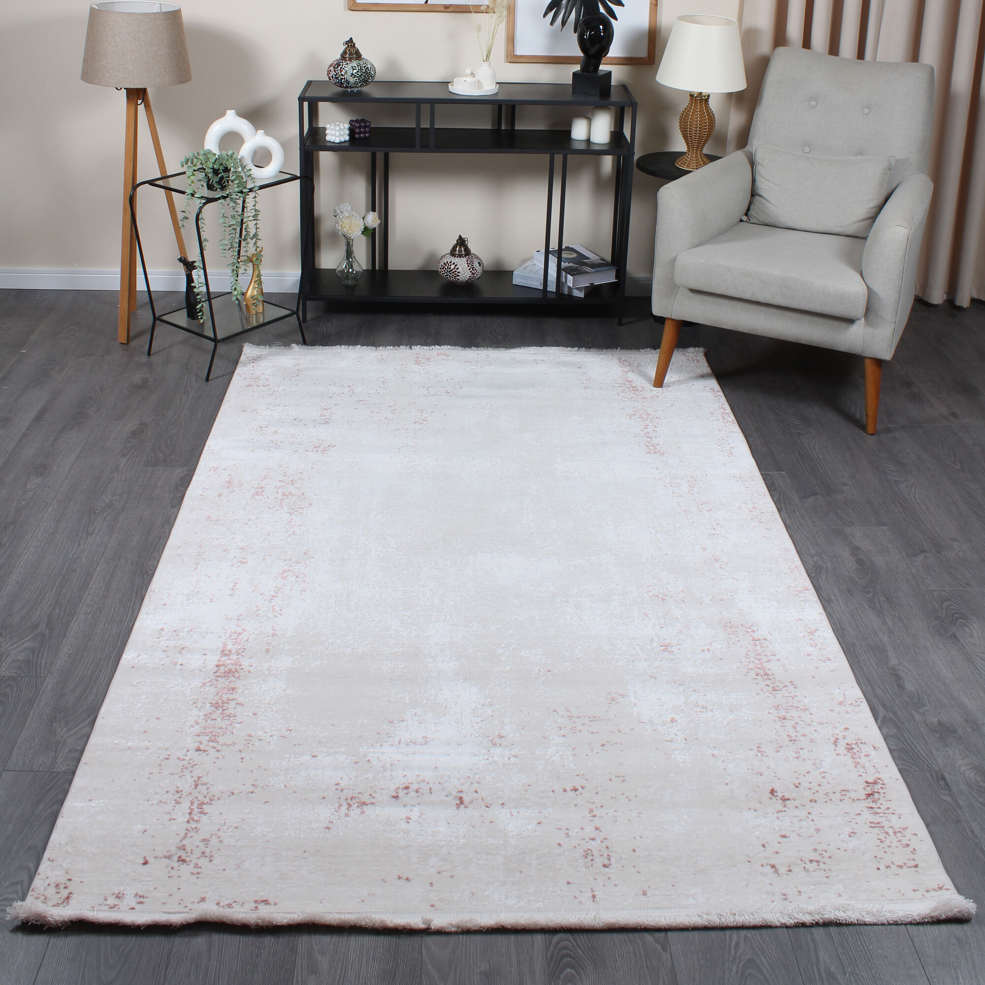 Halıstores Modda 4109 Pudra Yün Tuşeli Akrilik Modern Saçaklı Makine Halısı