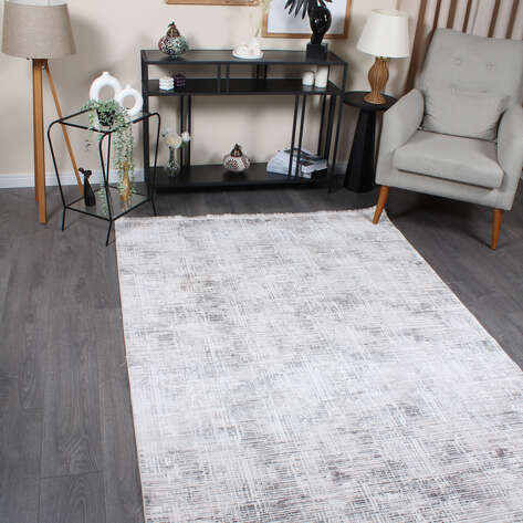 Halıstores Modda 4237 Antrasit Yün Tuşeli Akrilik Modern Saçaklı Makine Halısı - 2