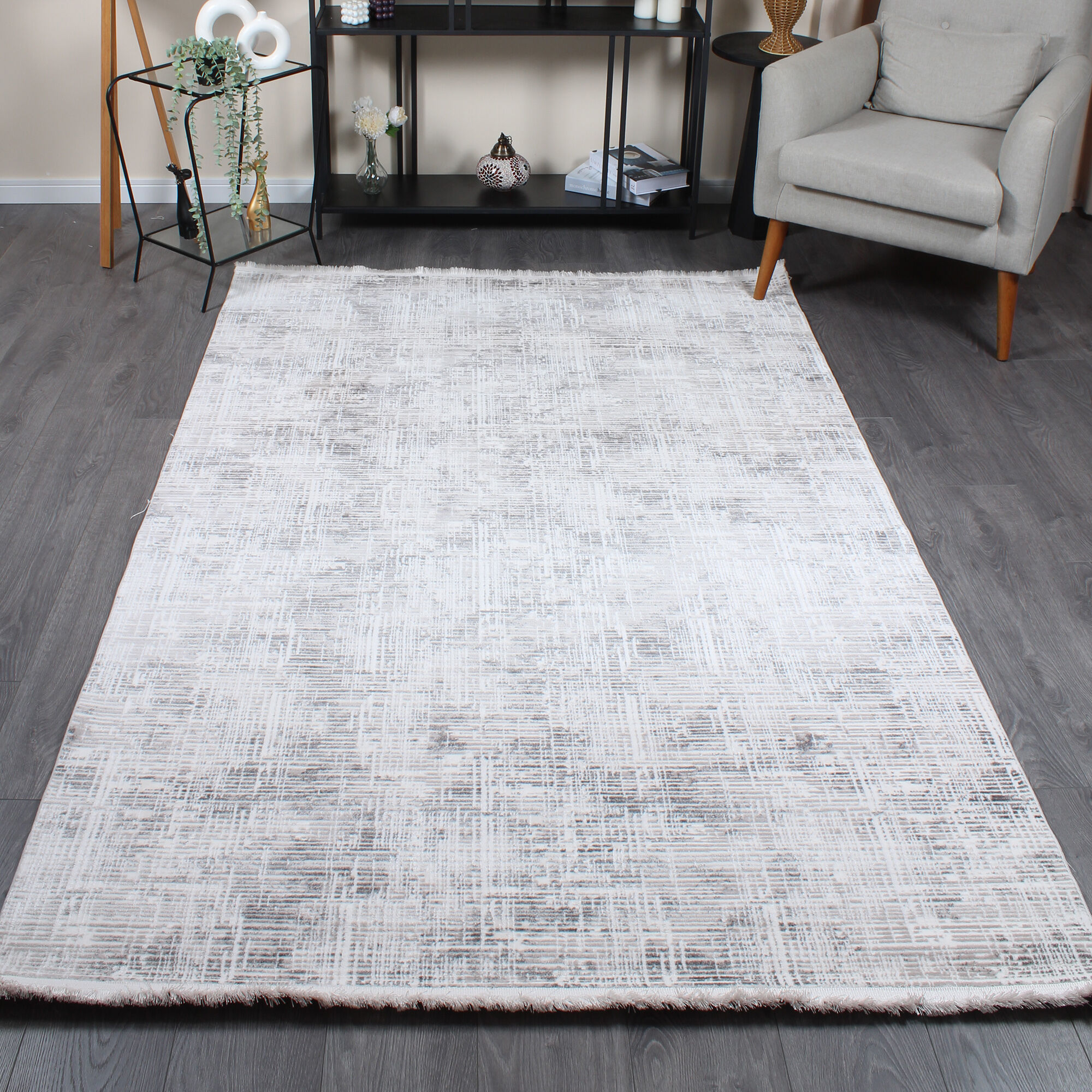 Halıstores Modda 4237 Antrasit Yün Tuşeli Akrilik Modern Saçaklı Makine Halısı