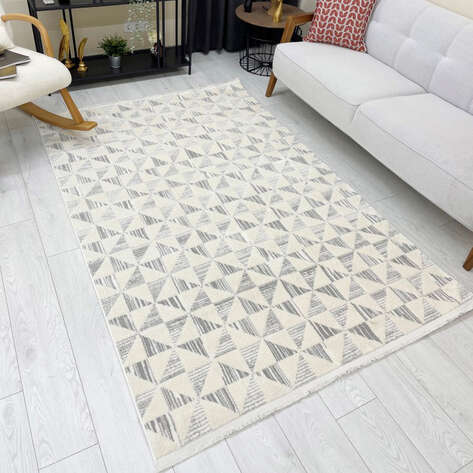 Halıstores Modern Geometrik Desenli Krem-Gri Halı Tornado TRN3 - 1