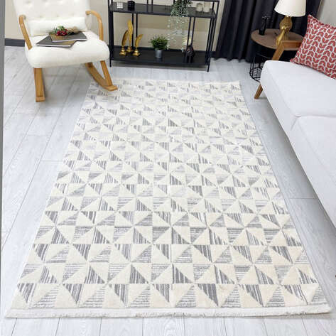Halıstores Modern Geometrik Desenli Krem-Gri Halı Tornado TRN3 - 3