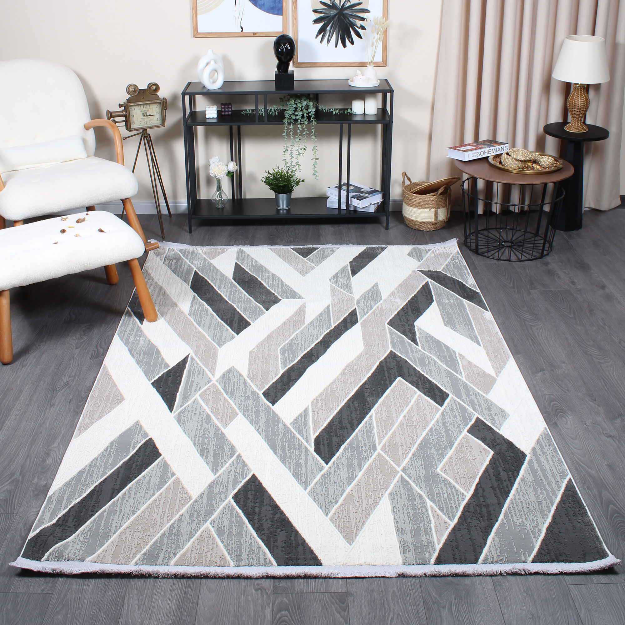 Halıstores Mono Yumuşak Dokulu Antrasit Gri Geometrik Desenli Dekoratif İskandinav Saçaklı Salon Halısı