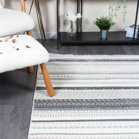 Halıstores Mono Yumuşak Dokulu Bej Gri Etnik Desenli Dekoratif İskandinav Saçaklı Halı - 4