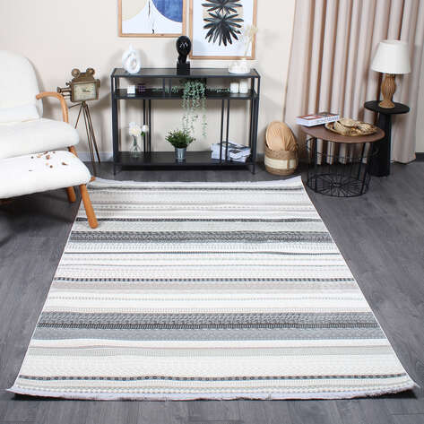 Halıstores Mono Yumuşak Dokulu Bej Gri Etnik Desenli Dekoratif İskandinav Saçaklı Halı - 1