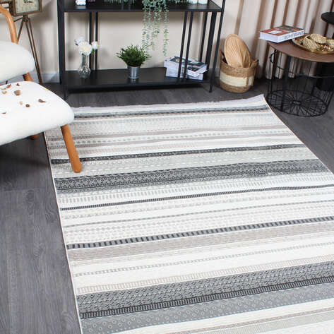 Halıstores Mono Yumuşak Dokulu Bej Gri Etnik Desenli Dekoratif İskandinav Saçaklı Halı - 3