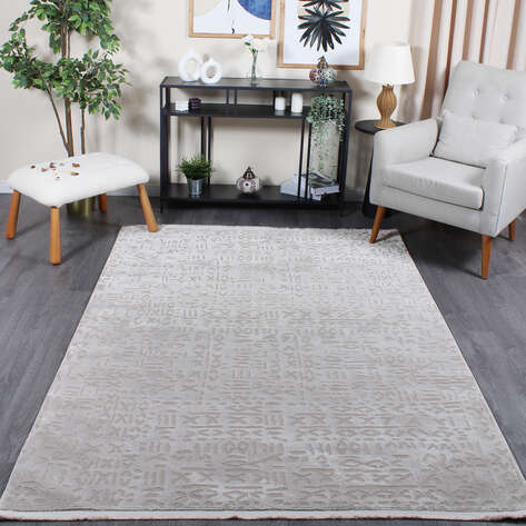 Halıstores Mono Yumuşak Dokulu Gri Etnik Desenli Dekoratif İskandinav Saçaklı Salon Halısı - 1