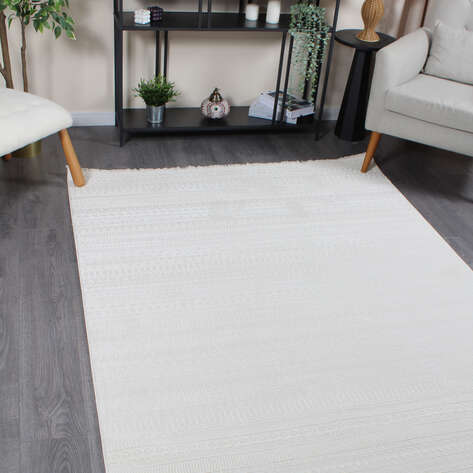 Halıstores Mono Yumuşak Dokulu Krem Etnik Desenli Dekoratif İskandinav Saçaklı Halı - 3