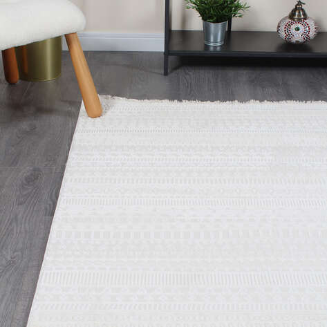 Halıstores Mono Yumuşak Dokulu Krem Etnik Desenli Dekoratif İskandinav Saçaklı Halı - 4