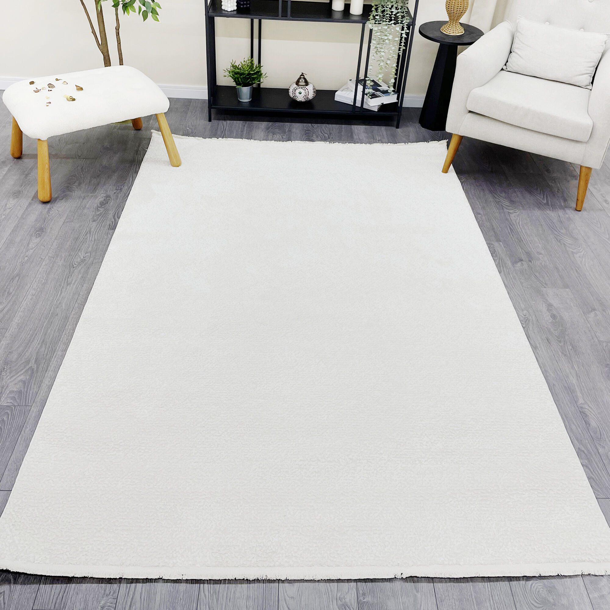 Halıstores Mono Yumuşak Dokulu Krem Modern Sade Desenli Dekoratif Saçaklı Salon Halısı