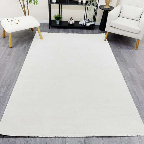Halıstores Mono Yumuşak Dokulu Krem Modern Sade Desenli Dekoratif Saçaklı Salon Halısı - 1