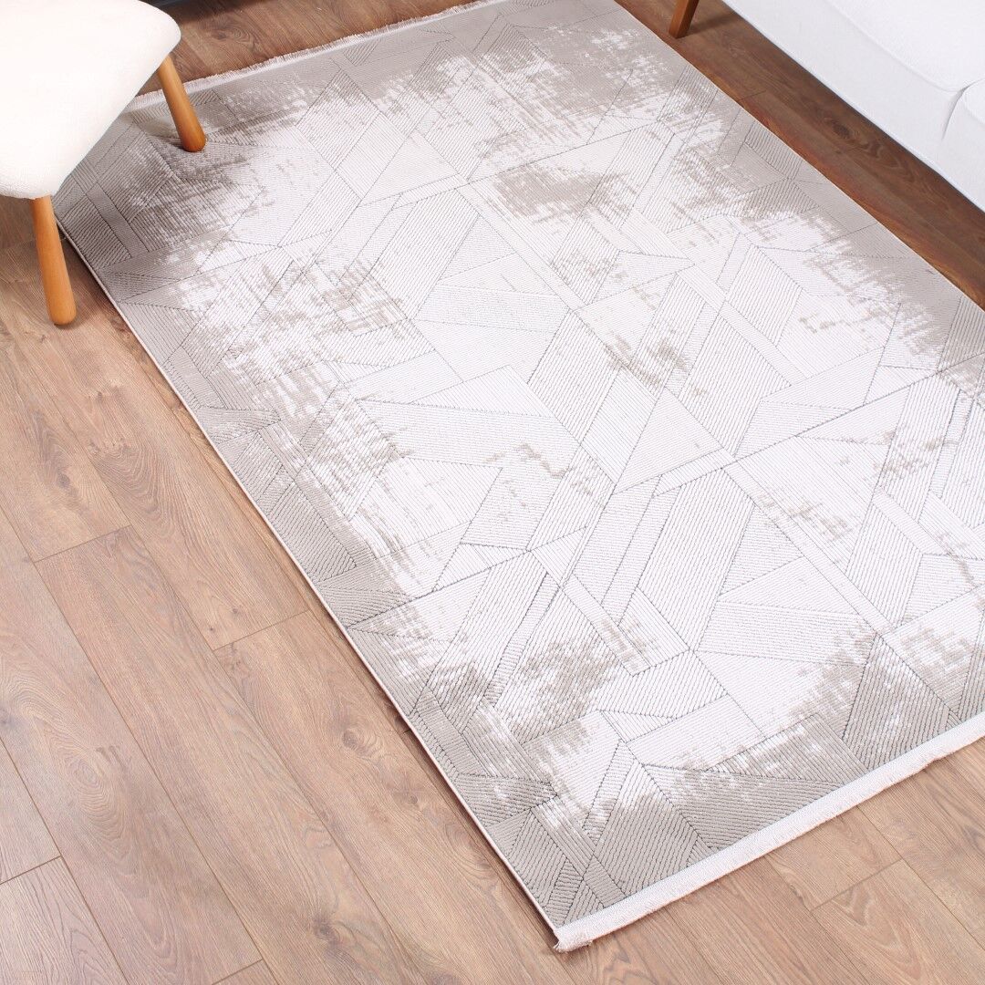Halıstores Stone Çizgi Desenli Dekoratif Krem - Bej Saçaklı Salon Halısı ST4