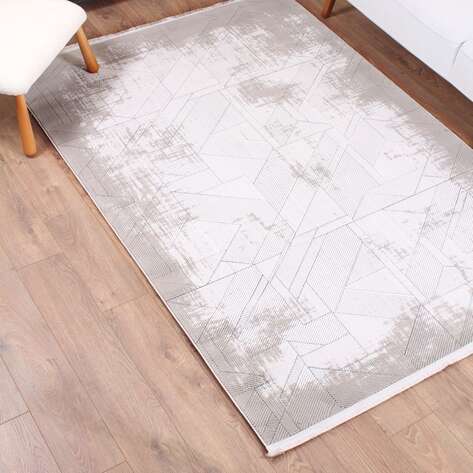 Halıstores Stone Çizgi Desenli Dekoratif Krem - Bej Saçaklı Salon Halısı ST4 - 1