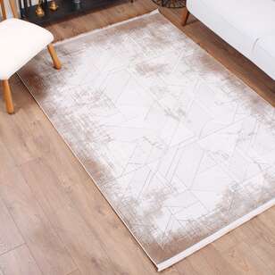 Halıstores Stone Çizgi Desenli Dekoratif Krem - Kahve Saçaklı Salon Halısı ST5 (1)