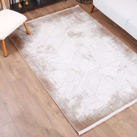 Halıstores Stone Çizgi Desenli Dekoratif Krem - Kahve Saçaklı Salon Halısı ST5 - 1