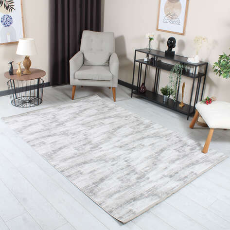 Halıstores Stone Desenli Dekoratif Gri Saçaklı Salon Halısı ST1 - 1