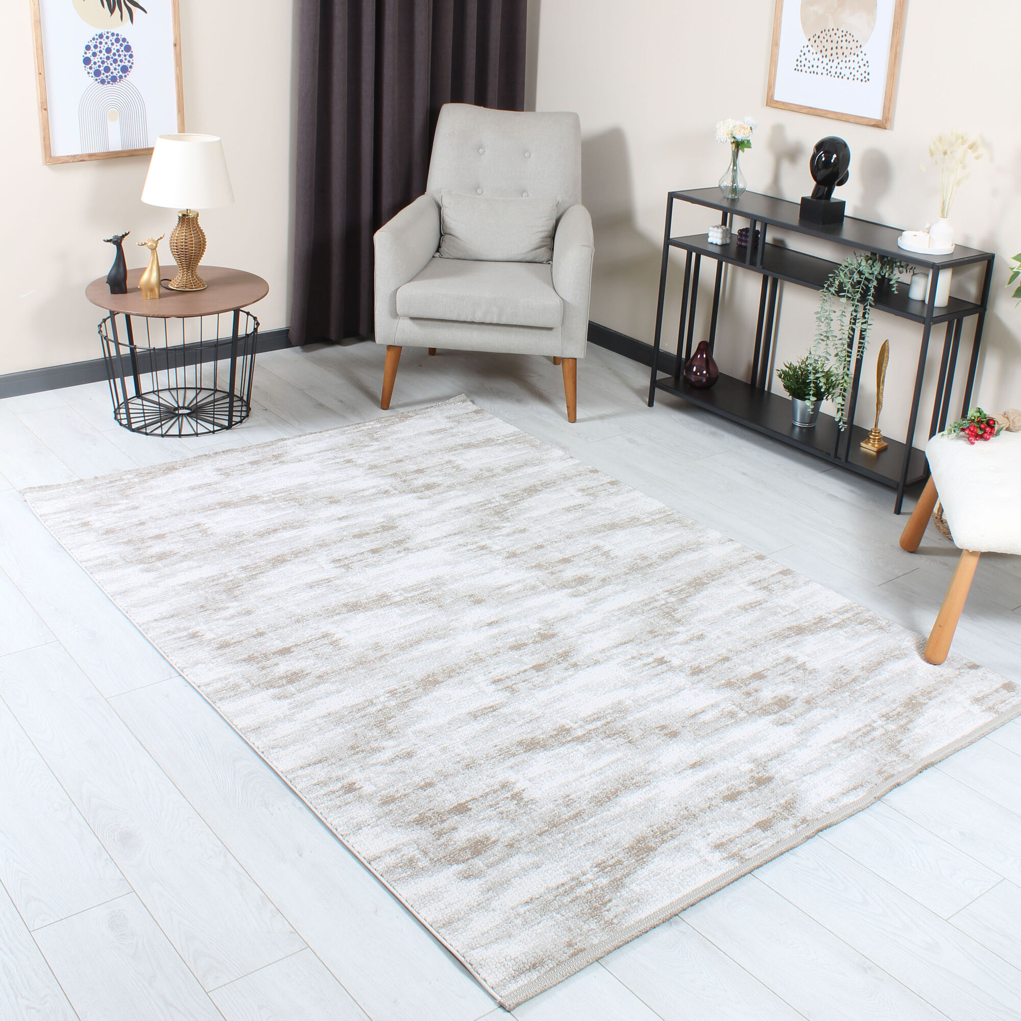 Halıstores Stone Desenli Dekoratif Kahve Saçaklı Salon Halısı ST2