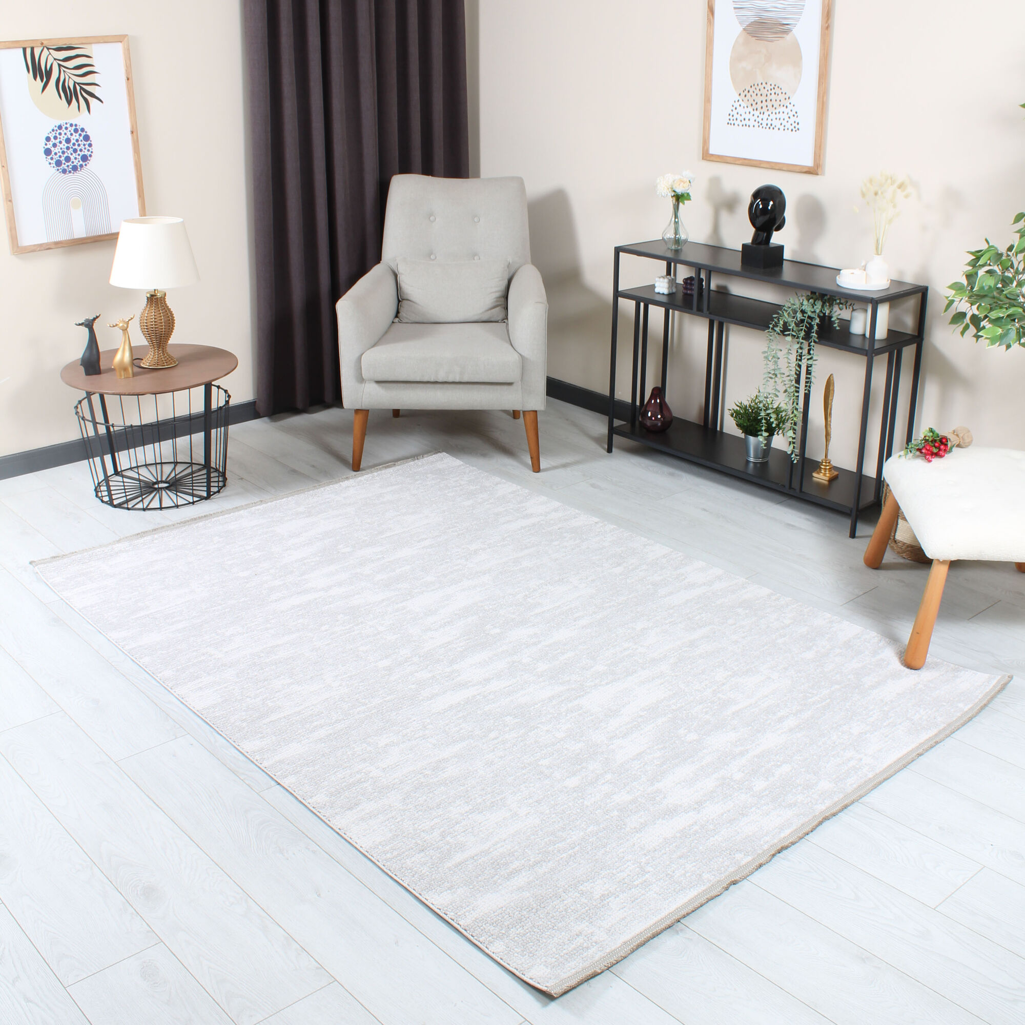 Halıstores Stone Desenli Dekoratif Krem Saçaklı Salon Halısı ST3