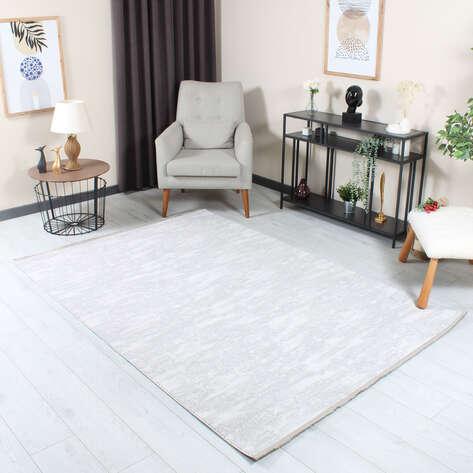 Halıstores Stone Desenli Dekoratif Krem Saçaklı Salon Halısı ST3 - 1
