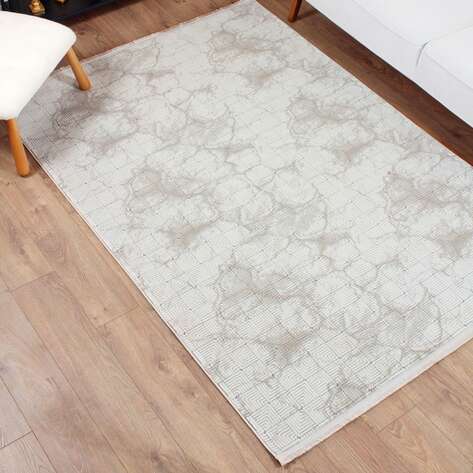 Halıstores Stone Modern Desenli Dekoratif Krem - Bej Saçaklı Salon Halısı ST6 - 1