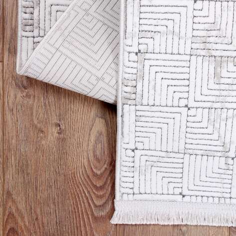 Halıstores Stone Modern Desenli Dekoratif Krem - Bej Saçaklı Salon Halısı ST6 - 3