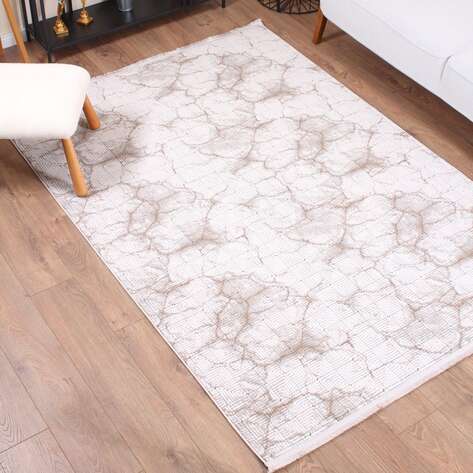 Halıstores Stone Modern Desenli Dekoratif Krem - Kahve Saçaklı Salon Halısı ST7 - 1