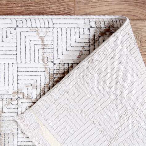 Halıstores Stone Modern Desenli Dekoratif Krem - Kahve Saçaklı Salon Halısı ST7 - 6
