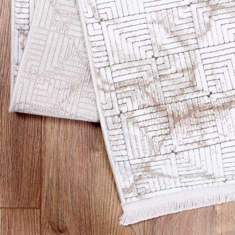 Halıstores Stone Modern Desenli Dekoratif Krem - Kahve Saçaklı Salon Halısı ST7 - 4