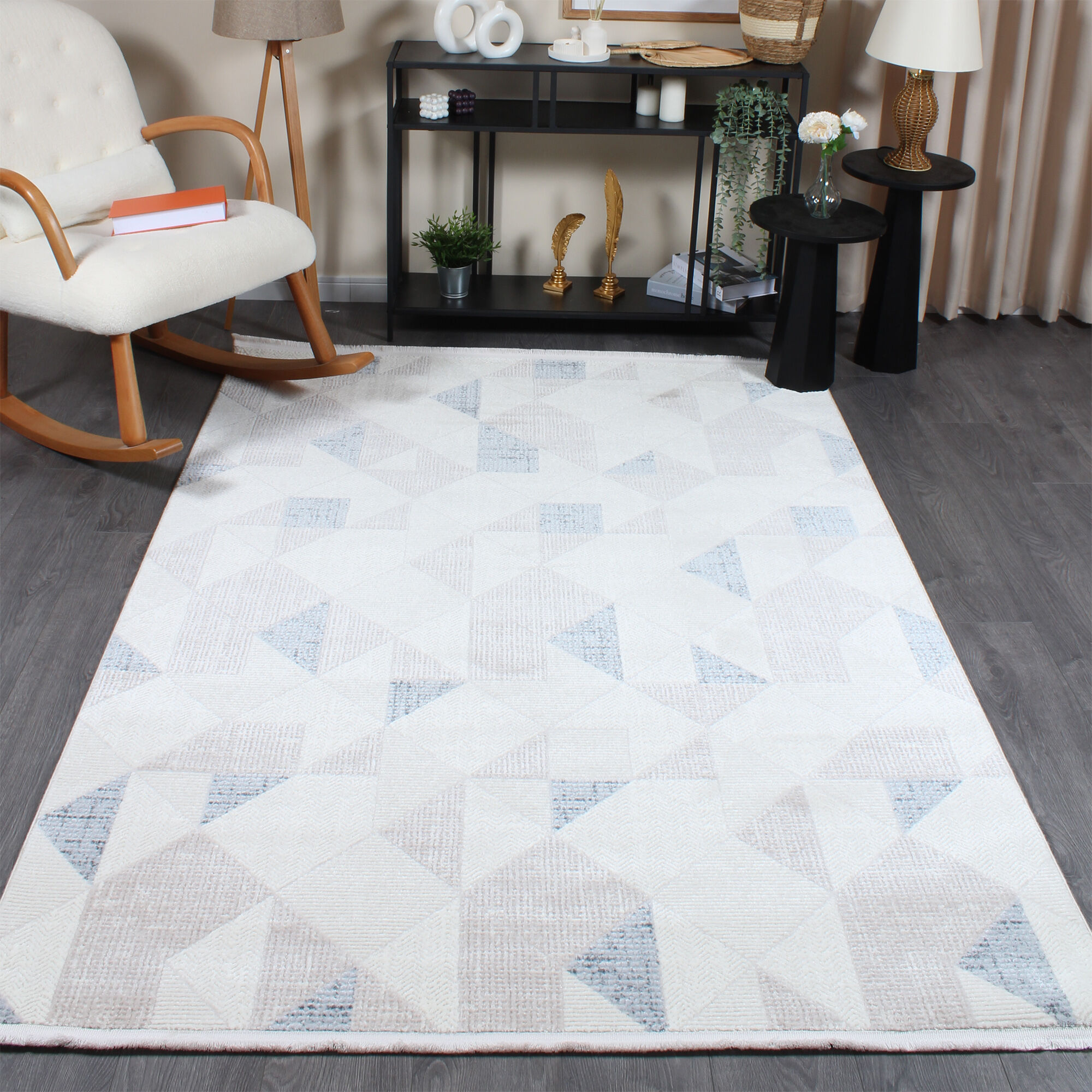 Hayal 66573-030 Krem Modern Gri-Mavi Geometrik Şekilli Saçaklı Salon Halısı