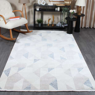 Hayal 66573-030 Krem Modern Gri-Mavi Geometrik Şekilli Saçaklı Salon Halısı (1)