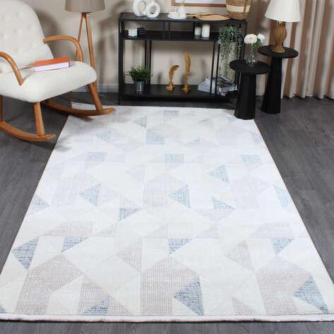 Hayal 66573-030 Krem Modern Gri-Mavi Geometrik Şekilli Saçaklı Salon Halısı - 1