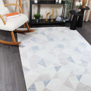 Hayal 66573-030 Krem Modern Gri-Mavi Geometrik Şekilli Saçaklı Salon Halısı (2)
