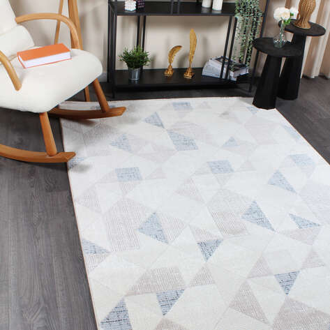 Hayal 66573-030 Krem Modern Gri-Mavi Geometrik Şekilli Saçaklı Salon Halısı - 2