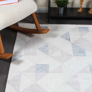 Hayal 66573-030 Krem Modern Gri-Mavi Geometrik Şekilli Saçaklı Salon Halısı (3)