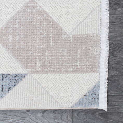 Hayal 66573-030 Krem Modern Gri-Mavi Geometrik Şekilli Saçaklı Salon Halısı - 5