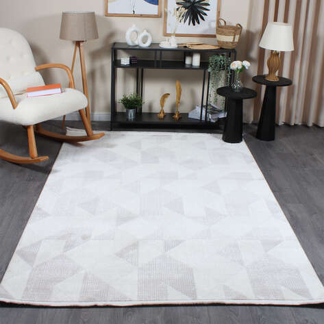 Hayal 66573-095 Krem Modern Gri Geometrik Şekilli Saçaklı Salon Halısı - 1