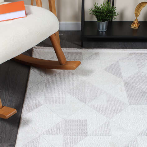Hayal 66573-095 Krem Modern Gri Geometrik Şekilli Saçaklı Salon Halısı - 3